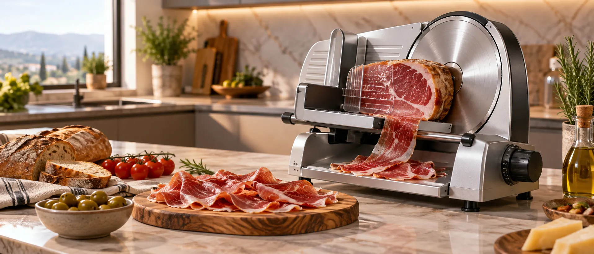 Cortafiambres eléctrico laminando lonchas finas de jamón sobre una encimera de cocina